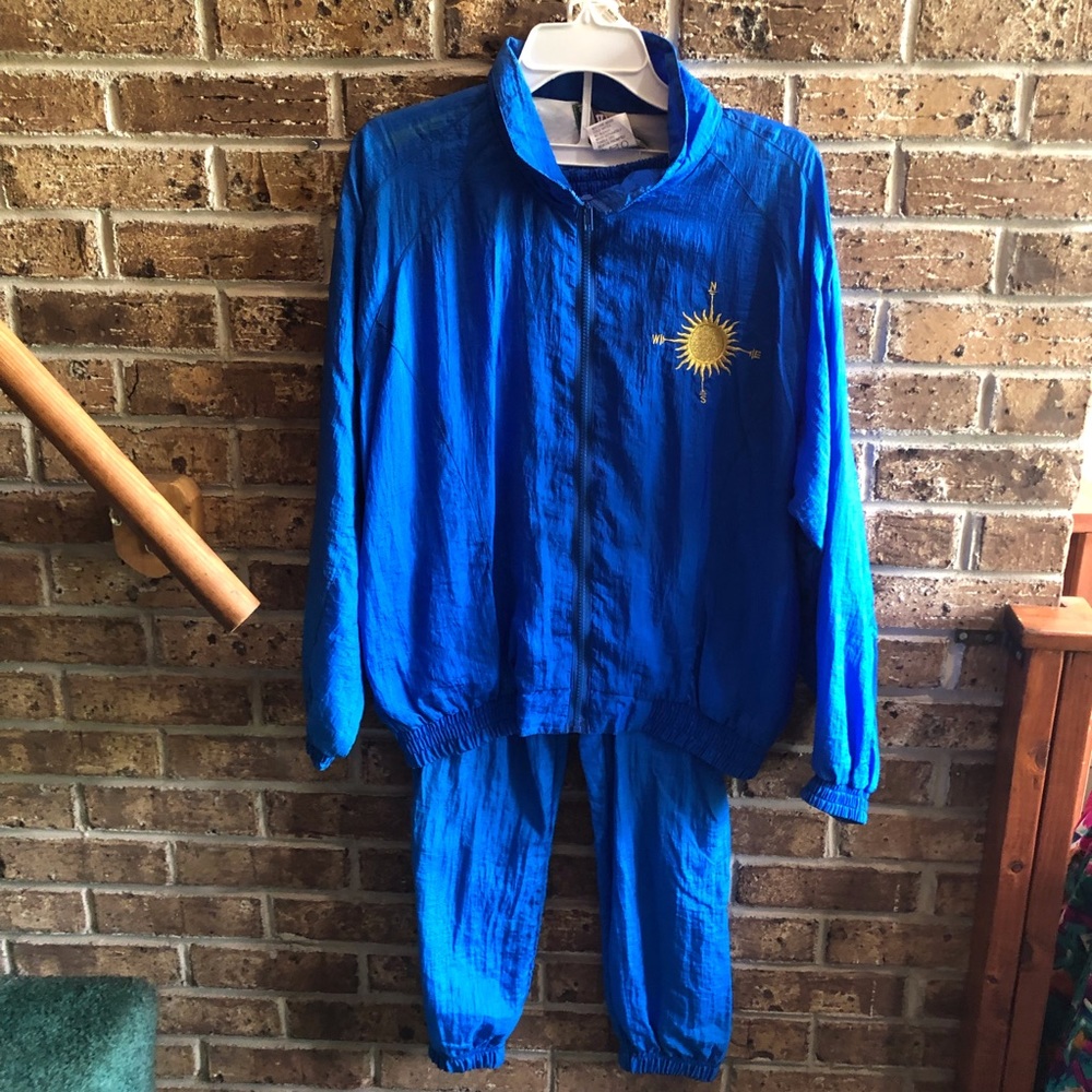 Vintage 80s Kuma Sport bright blue compass celestial Windbreaker Tracksuit Set.
